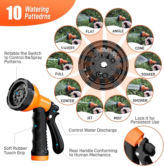 Besiter Garden Hose 75FT Stainless Steel Water Hose with 10 Functions Adjustable Spray Nozzle, Heavy-Duty Metal Garden Hose Flexible Durable No-Tangle & Kink Leak Dog Proof Hose for Yard Lawn(Orange)