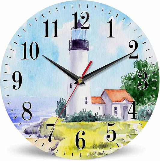 Mxocom Watercolor Lighthouse Wall Clock Building Green Hill Blue Skies House