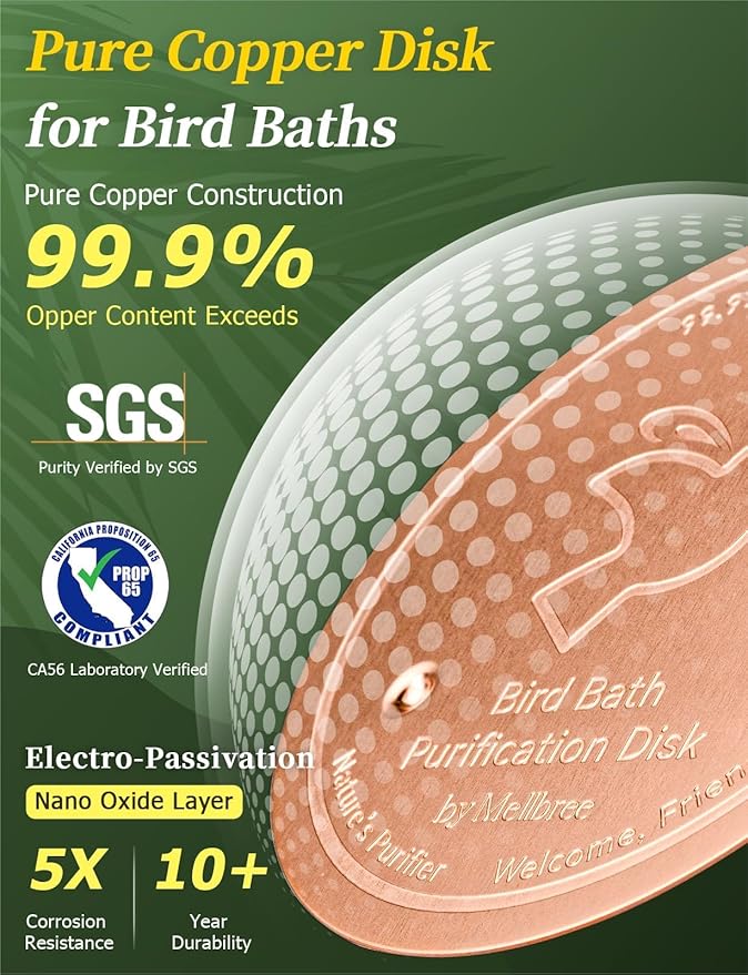 Mellbree 3-Pack Bird Bath Copper Disc, 0.6mm Reinforced 99.99% Pure Copper Cleaning Disk with Triple-Point Support for Physical Safe Clean Water All-Season