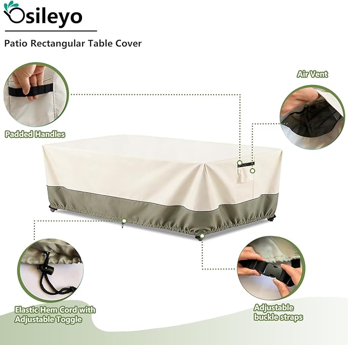 72 Inch Rectangular/Oval Patio Table Cover,Heavy Duty Waterproof Outdoor Dining Table Cover, Patio Furniture Covers, Beige