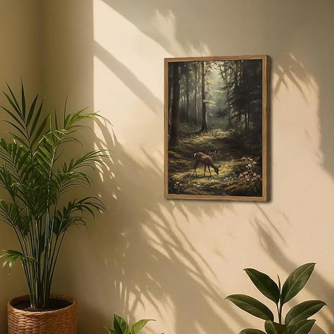 Framed Vintage Forest Deer Canvas Wall Art, Rustic Nature Landscape Paintings