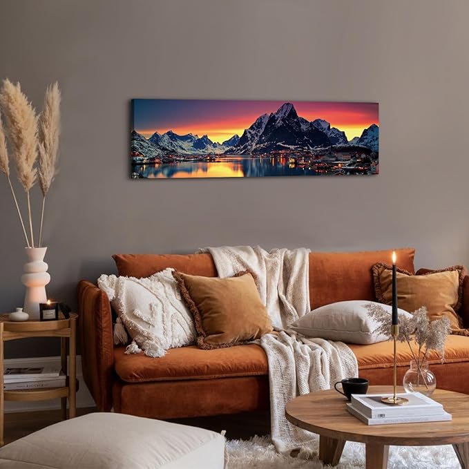 AREBOLO Sunset Mountain Canvas Wall Art Lake Landscape Pictures Nature Wall