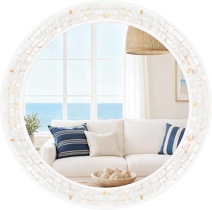Large Round Mirror 36 Inch, Natural Mother of Pearl Inlay Mosaic Frame Circle