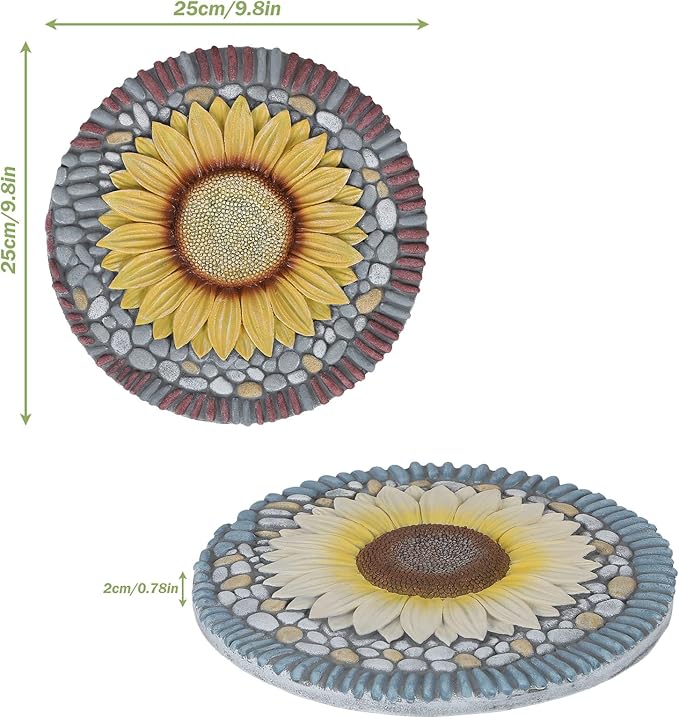 PINPON 4 Pack Sunflower Stepping Stones – 10 Inch Cement Garden Pavers with Colorful Pebble Border, Hand-Painted Outdoor Walkway Stones, Weather-Resistant Decorative Path Stones for Patio & Yard