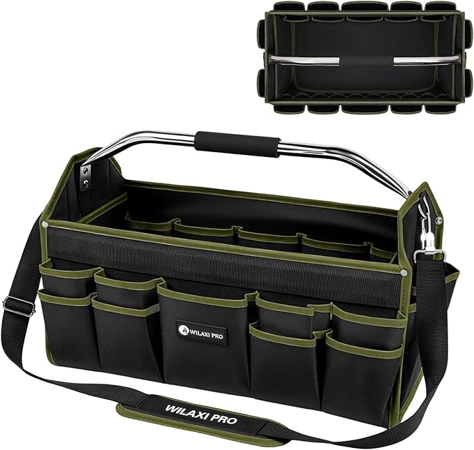 16in Foldable Open Top Tool Tote, Tool Bags For Men Heavy Duty, Tool Carrier tool bag hard With Handle, Wide Mouth Electrician Tool Tote, Many Pockets Can Hold Many