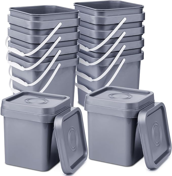 Suzile 10 Pcs Food Grade Square Bucket with Lid 1 Gallon Plastic Bucket 4.5L Utility Industrial Pail with Handle Container for Food Oil Tub Water Fishing Paint House Cleaning Car Washing(Grey)