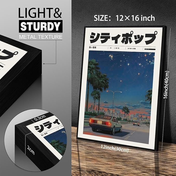 Vintage Japanese Black Framed Wall Art 90s Vaporwave Aesthetic Print Asian