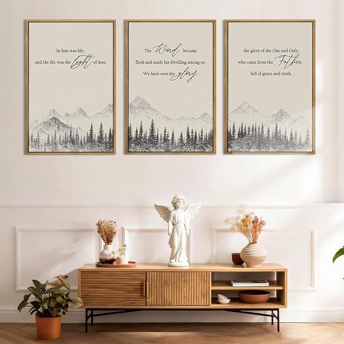 IARTTOP Large Christian Easter Framed Wall Art 16x24 Inch Neutral Mountain Forest Canvas Wall Decor Jesus Bible Verse Catholic Biblical Scripture Prints for Prayer room Living room Set of 3