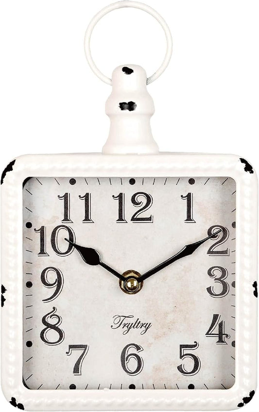 Retro Rectangle Small Wall Clock, Battery Operated Silent White Vintage Decor