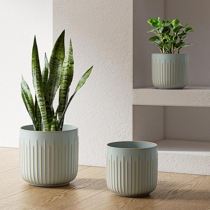 LE TAUCI Ceramic Planters, Set of 3 Plant Pots for Indoor Plants, 8.3+6.9+5.7 inch Flower Pots with Drainage Holes, Large Cylinder Planters Pot for Outdoor Indoor House Plants, Glaze Blue Gray