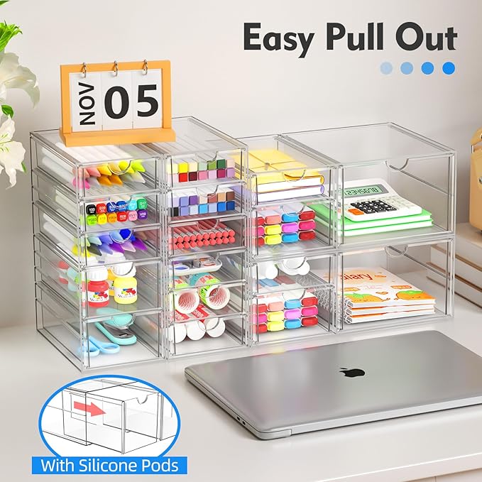 ARSTPEOE Acrylic Makeup Organizer with 13 Drawers, Bathroom Counter Organizer, Acrylic Organizers, Desk Organizer, Office Supplies, Storage Drawers for Cosmetic, Pencil, Coffee, etc 3 Pack