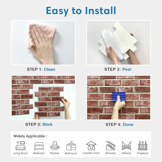 COMSTICKC 3D Red Brick Wall Panels Peel and Stick Tiles, Small Size Thin PVC