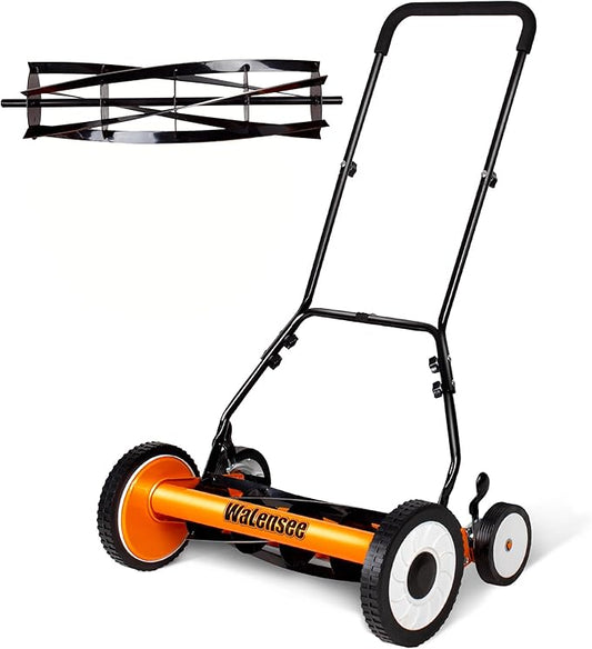 Walensee Push Reel Lawn Mower, 18-Inch 5-Blade Cordless Manual Reel Lawn Mower, Walk-Behind Steel Lawn Mower with 9-Position Cutting Height Adjustment & Sponge Grip