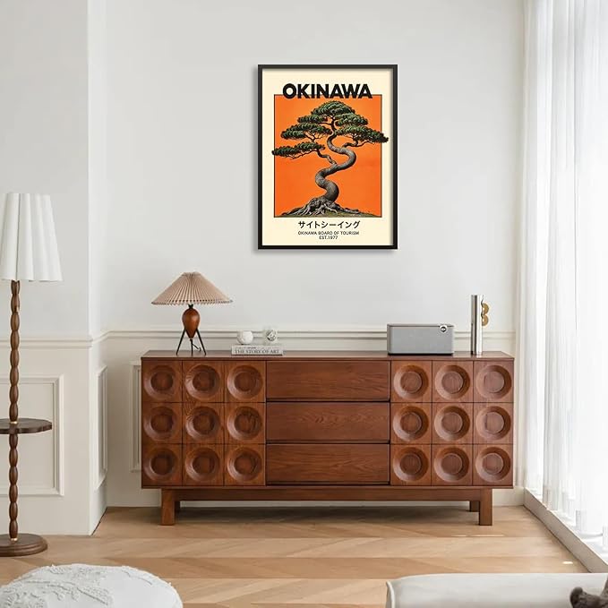 Japanese Black Framed Wall Art Okinawa Prints Vintage Japanese Bonsai Tree