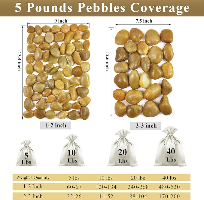 FANTIAN 40 lbs Yellow River Rocks for Landscaping, 2-3 Inch Polished Pebbles for Indoor Plants, Decorative Rocks Stones for Vases, Aquariums, Fountains, Pathways, Backyard and Garden