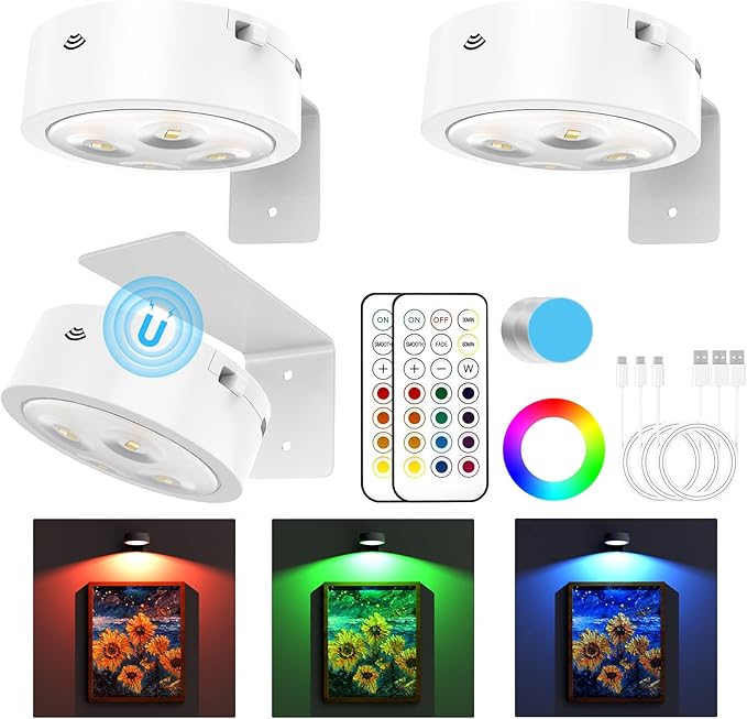3 Pack Picture Lights for Wall, 13 RGB Color Rechargeable Battery Operated wall
