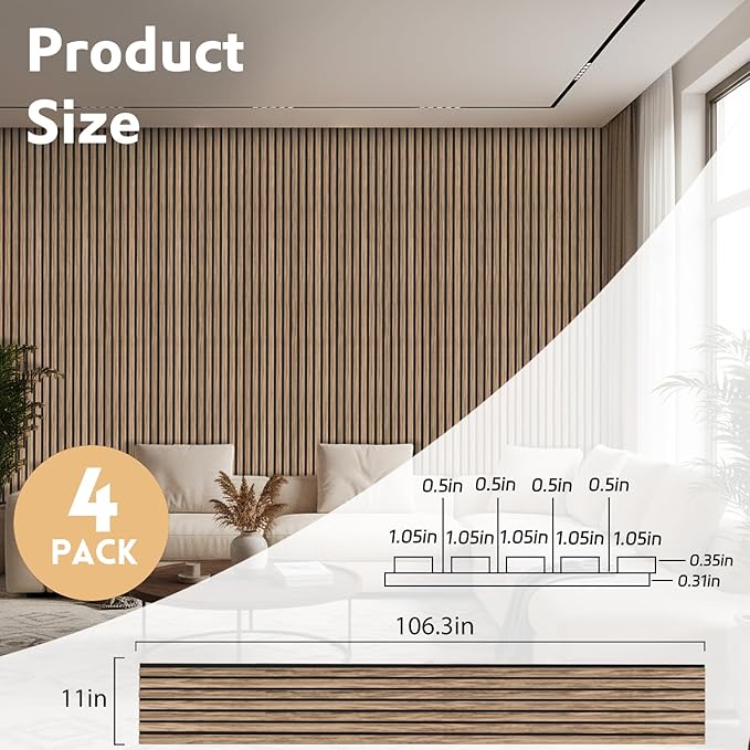 4 Pack Wood Panels for Wall, 106.3" × 11" Wood Slat Acoustic Panels for Wall
