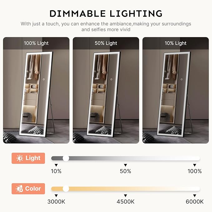 Kosmonia 71x28 Full Length Mirror, Dimmable 3 Color LED Light w/Light Memory