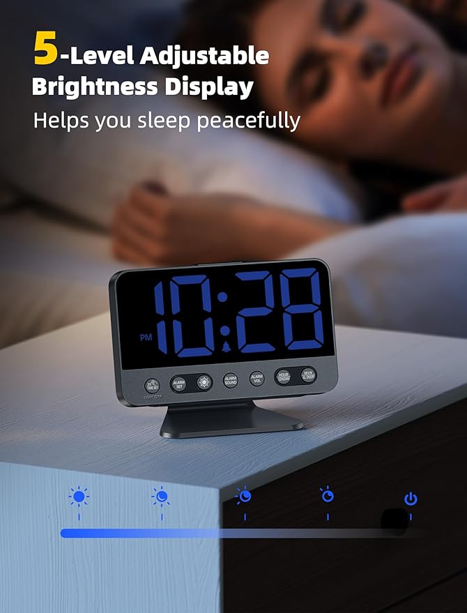 Odokee Digital Alarm Clocks for Bedrooms: Large Bold Number 5 Brightness Dimmer