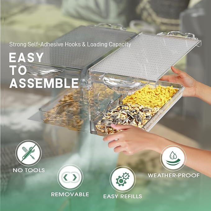 SUNALLY Window Bird Feeder for Outdoors, Clear Wild Bird Feeders Window Mounted with Self-Adhesive Hooks, Outside Hummingbird, burd, Oriole, Finch Bird Watching for Garden, Yard, Elderly Kids Viewing