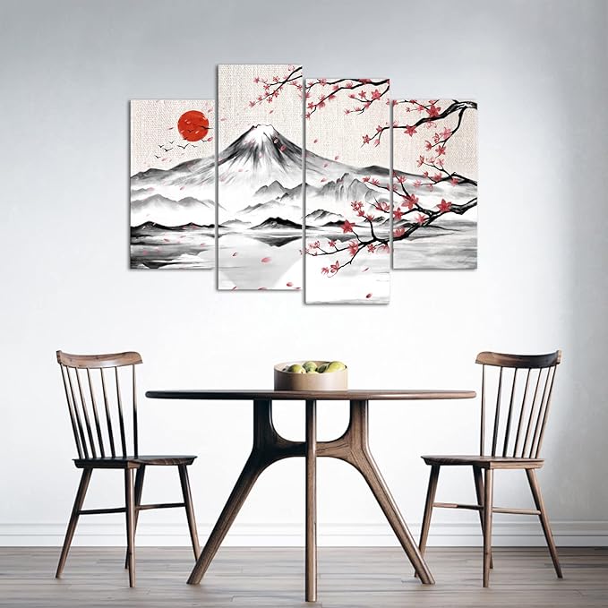 LyerArtork 4 Panel Japanese Ink Painting Wall Art Mount Fuji