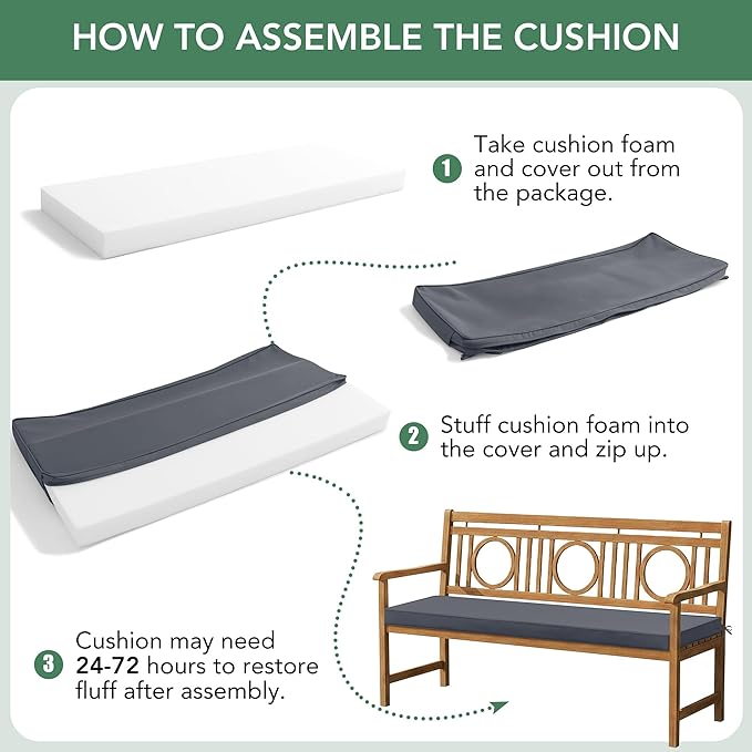 Summsun Outdoor Bench Cushion: Waterproof and Fade Resistant Patio Furniture Cushions - Non-Slip Bench Pad Cushion with Removable Cover for Garden Swing Porch Sofa Settee, 45 x 18 Inch, Dark Grey