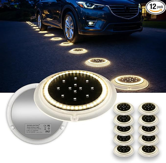 SHONELIGHTING Solar Driveway Lights, Super Bright 48 LED Disc Lights, Flat Low Profile IP67 Ground Lights Easy Install for Deck, Dock, Pathway, Patio, Walkway (Warm White, 12 Pack)