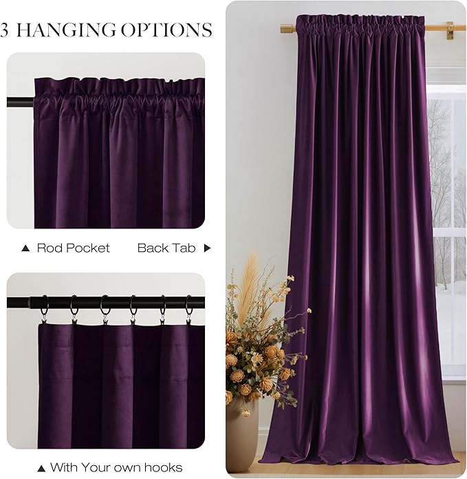 NICETOWN Blackout Purple Gothic Velvet Curtains 96 inch Long, Dark Purple