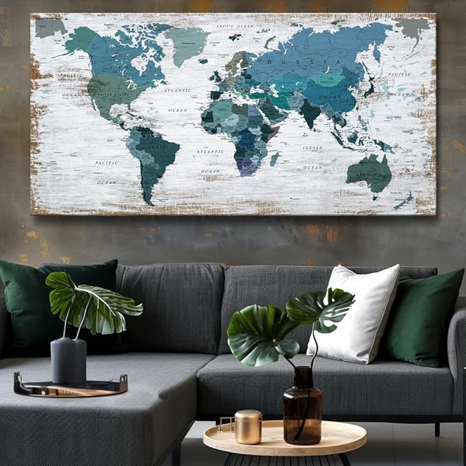 Teal Decor map of the world Canvas Wall Art Pictures