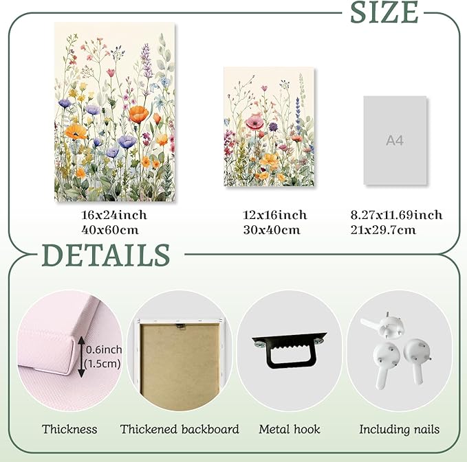 LLEEMPI Framed Watercolor Floral Wall Art Set of 3, Colorful Wildflower Wall