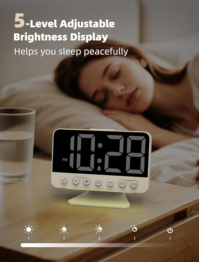 Odokee Digital Alarm Clocks for Bedrooms: Large Bold Number 5 Brightness Dimmer