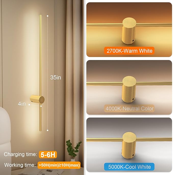 NIORSUN 35.4 Inch Battery Operated Wall Sconce Set of 2, 10 Colors Dimmable