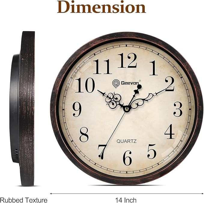 Geevon Vintage Wall Clock, Silent 14" Non Ticking Retro Round Clock Quartz