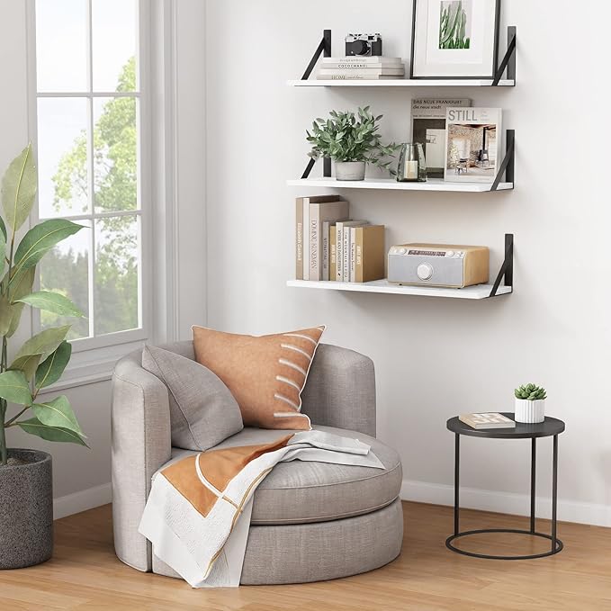 White Floating Shelves 24 inches Long Set of 3, 24 x 8 Inch Bathroom Wall