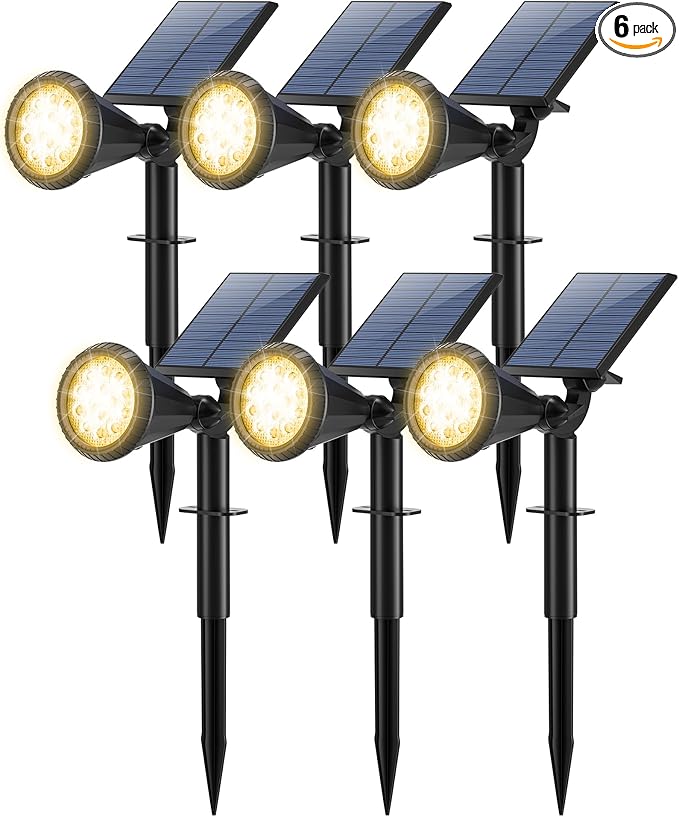 Tadyreal Solar Spot Lights Outdoor Waterproof 180Â° Adjustable Solar Powered Landscape Lights for Yard 4 Lighting Modes Solar Spotlights for Pathway Garden Outside Wall Pool Porch (6 Pack, Warm White)
