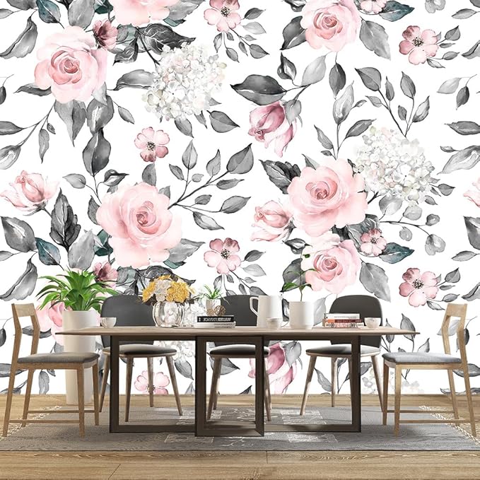 Grey Leaf Pink Flowers Mural Bedroom Floral Wallpaper Room Decor Living Room tv