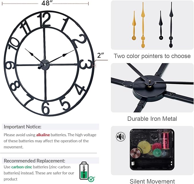 Large Wall Clock for Living Room Decor–48 Inch Silent Non-Ticking Modern