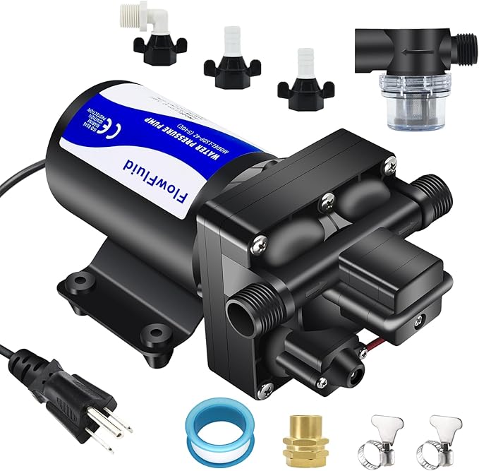 Water Pressure Booster Diaphragm Pump 110V AC for House,70PSI 5GPM Water Transfer Pump with Plug,On Demand 4-Chamber Self-Priming Water Pump with Filter for Bathroom Kitchen Irrigation Spray