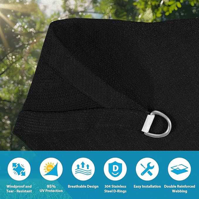 Amagenix Sun Shade Sail 15'X16' Curved Edge Outdoor Shade Canopy Black Breathable 95% UV Block Shade Cloth for Patio Garden Backyard (We Make Custom Size)