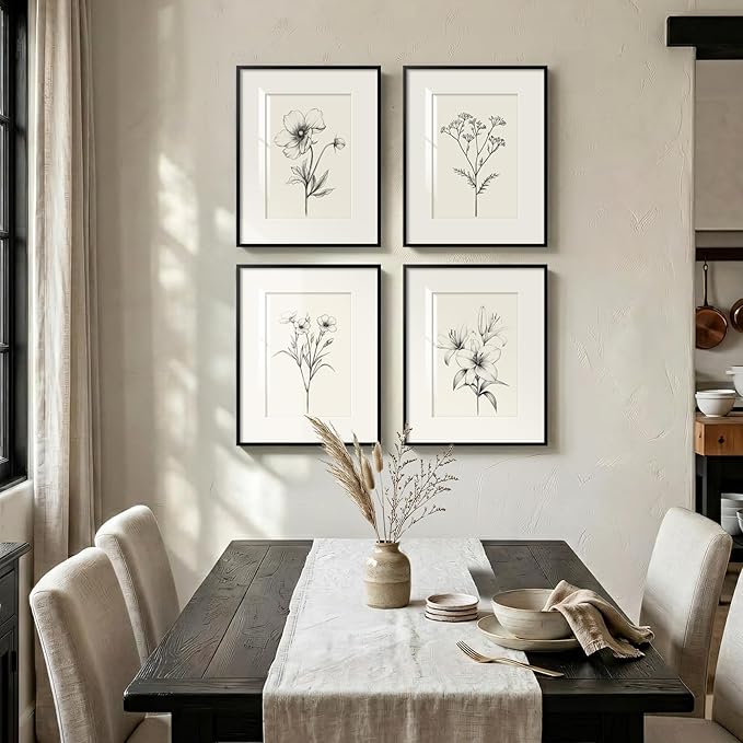 Framed Black and White Botanical Wall Art, Farmhouse Rustic Flower Artwork