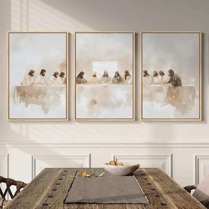 Framed Christian Wall Art Set of 3, The Last Supper Canvas Prints, Neutral