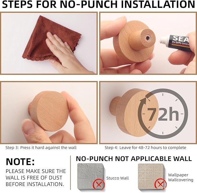 4 Pack Wood Hooks No Damage Wall Hooks Round Rings Adhesive Hooks Clothes