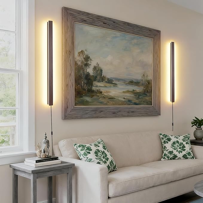KELUOLY Farmhouse Plug in Long Wall Sconce, 31.4 inch Faux Walnut Finish LED
