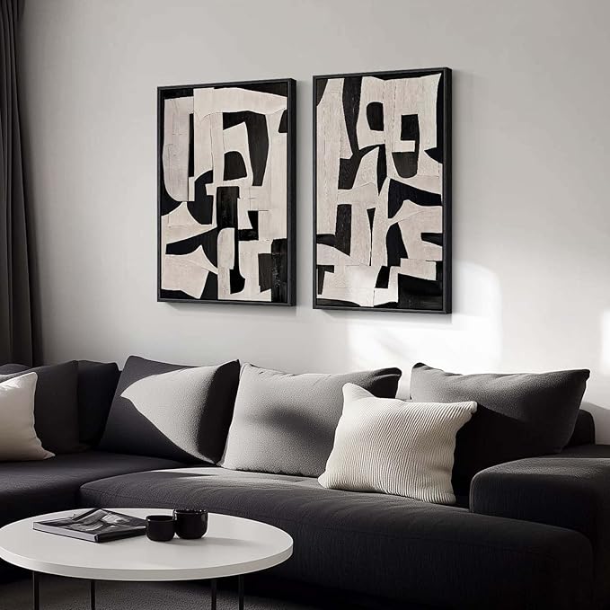 Large Framed Black and Beige Abstract Wall Art, Modern Art Prints Pictures