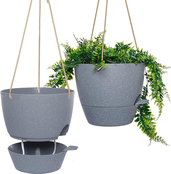 10 Inch Self Watering Hanging Pots, 2 Pack Hanging Planters with 40oZ Deep Reservior for Indoor Outdoor Plants Flowers, Grey
