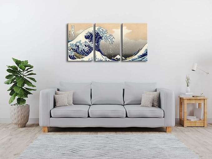 Wieco Art Great Wave of Kanagawa Katsushika Hokusai 3 Piece Modern Stretched