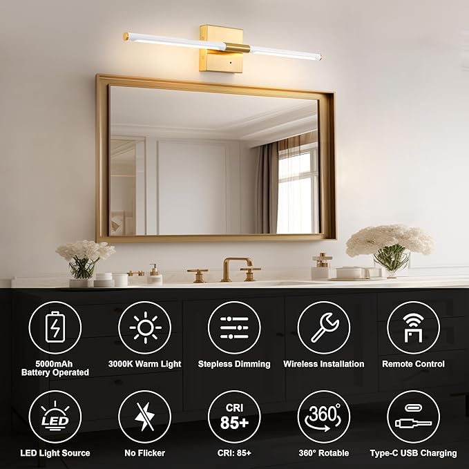 Morauroral 30 Inch White Gold Battery Operated Wall Sconces Set of 2, Dimmable