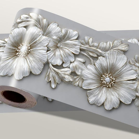 Silver Floral Wallpaper Border 196x4 Inch Peel and Stick Wall Border Metallic