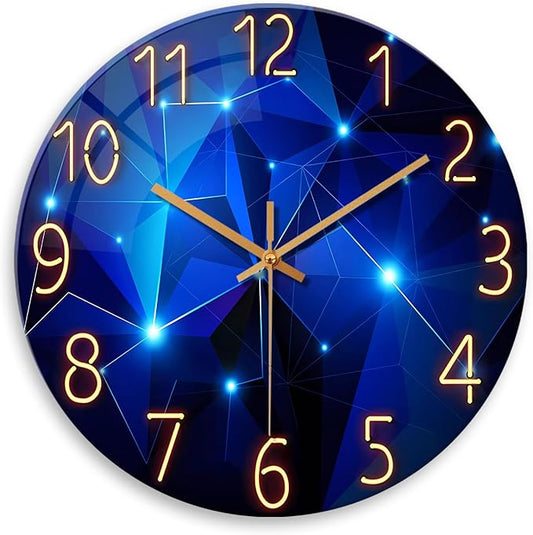 Blue Wall Clock Battery Operated 16 Inch Analog Glass Wall Clock Non Ticking