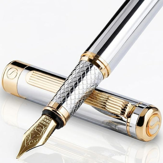 Scriveiner Silver Chrome Fountain Pen - Stunning Luxury Pen, Real Gold Finish, Schmidt Gilded Nib (Extra Fine), Best Gift Set for Men & Women Professional Executive Office Nice Designer Pen
